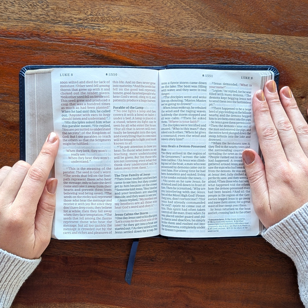 Personalized NLT Compact Bible - Navy, Cross | Engraved Name.